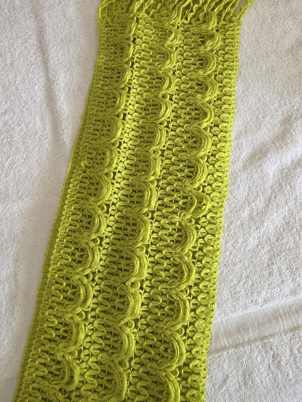 Handmade Chartreuse Green Lacy Knit Scarf with Extra Long Fringe
